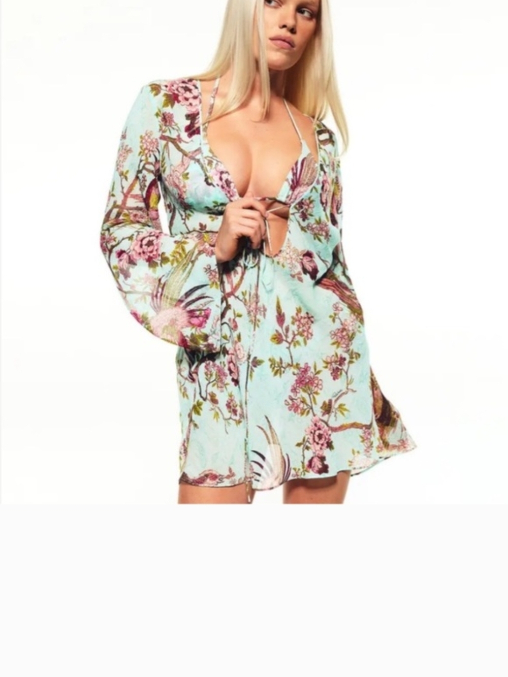 SKIMS X Cavalli Floral Tie-Front Mini Coverup in Mint and Pink Floral - Sold Out